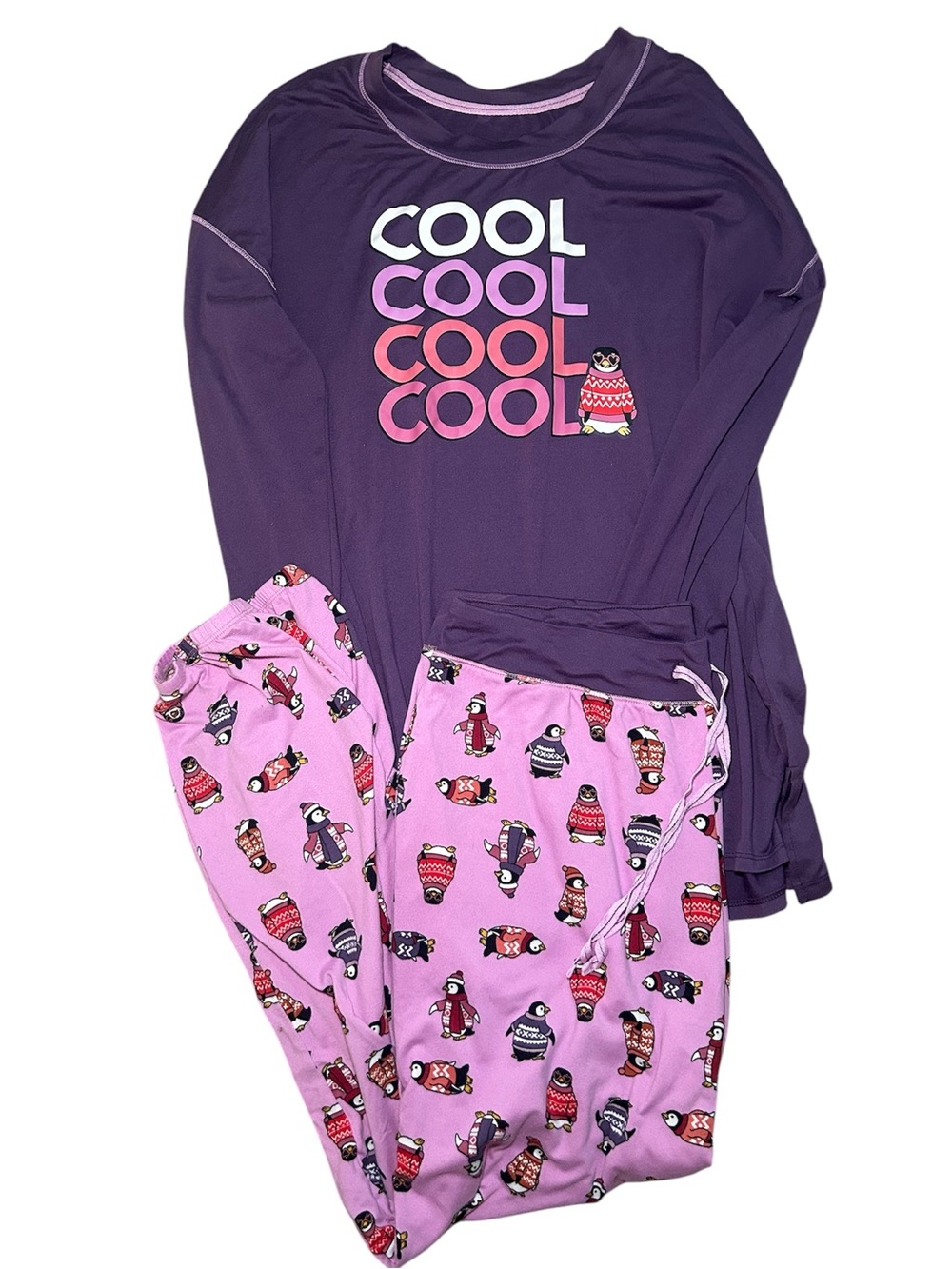 Penguin Purple & Pink 'Cool' Pajama Set Holiday Warm Cozy Relaxed Set Medium